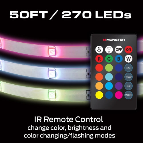 50ft RGB Remote Control Peel-and-Stick Installation LED Light Strip