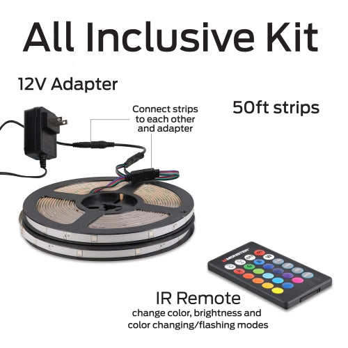 50ft RGB Remote Control Peel-and-Stick Installation LED Light Strip