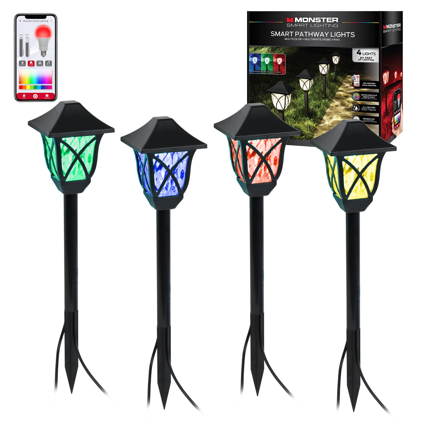 Smart Outdoor Sound Reactive Pathway LED Lights, 4 Individually Controlled Dimmable LEDs, IP44 Water & Weather Resistant