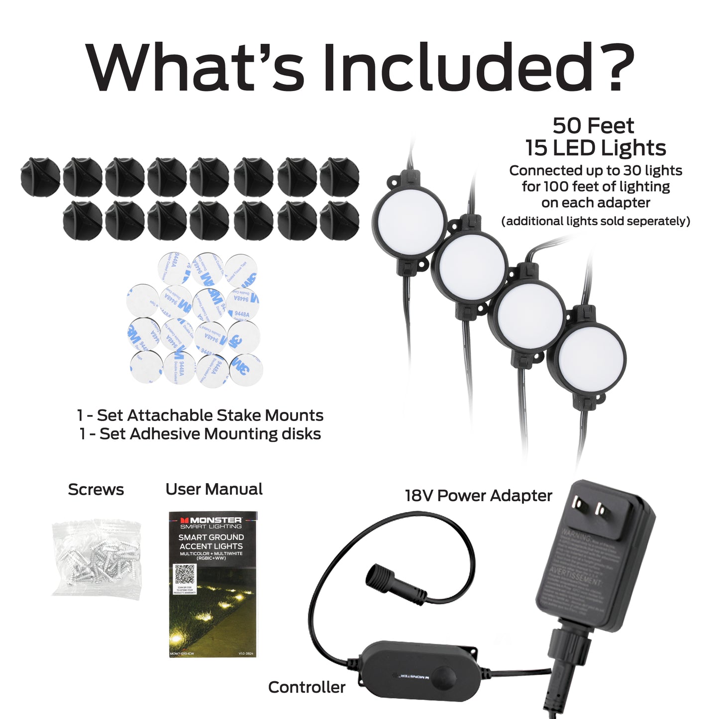Smart Outdoor 50ft Sound Reactive Ground Accent LED Lights, 15 LEDs, Ground Stakes & Wall/Ceiling Mounts, Weather & IP44 Water Resistant