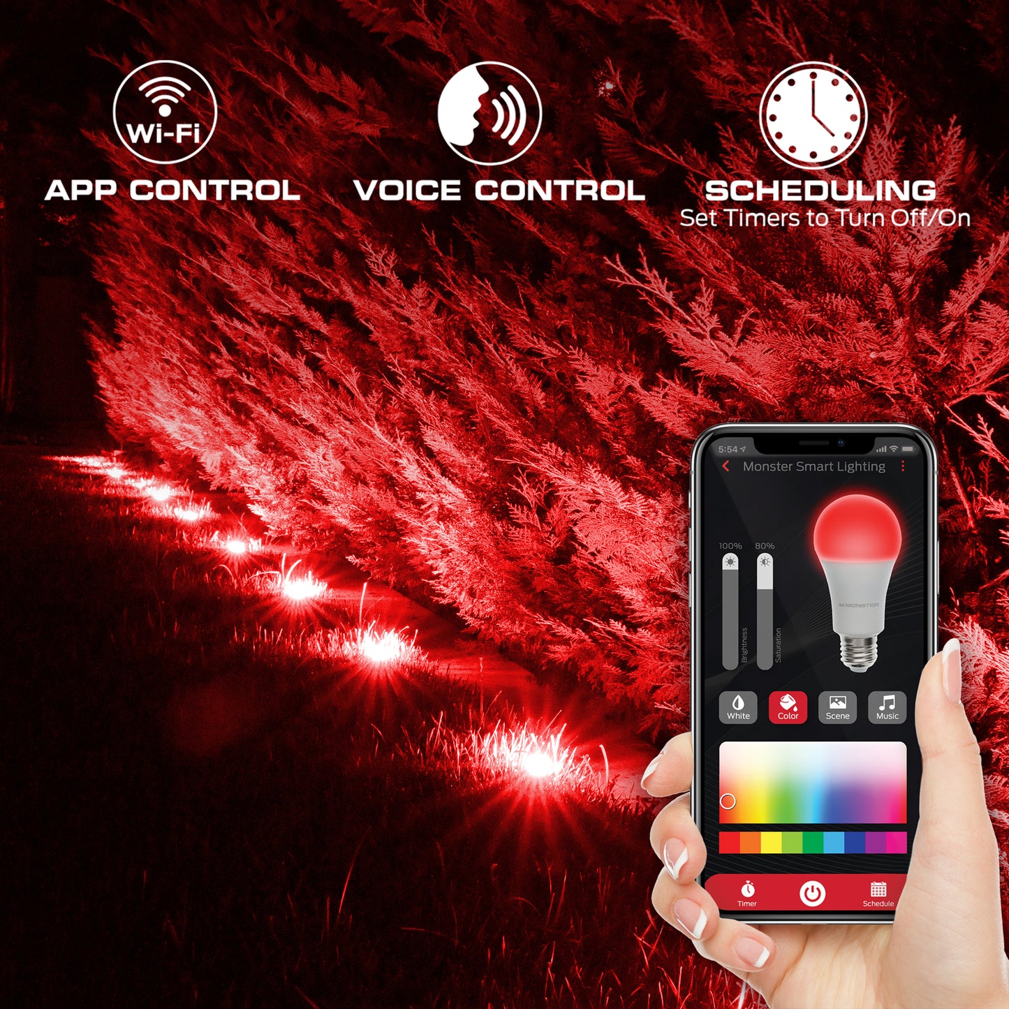 Smart Outdoor 50ft Sound Reactive Ground Accent LED Lights, 15 LEDs, Ground Stakes & Wall/Ceiling Mounts, Weather & IP44 Water Resistant