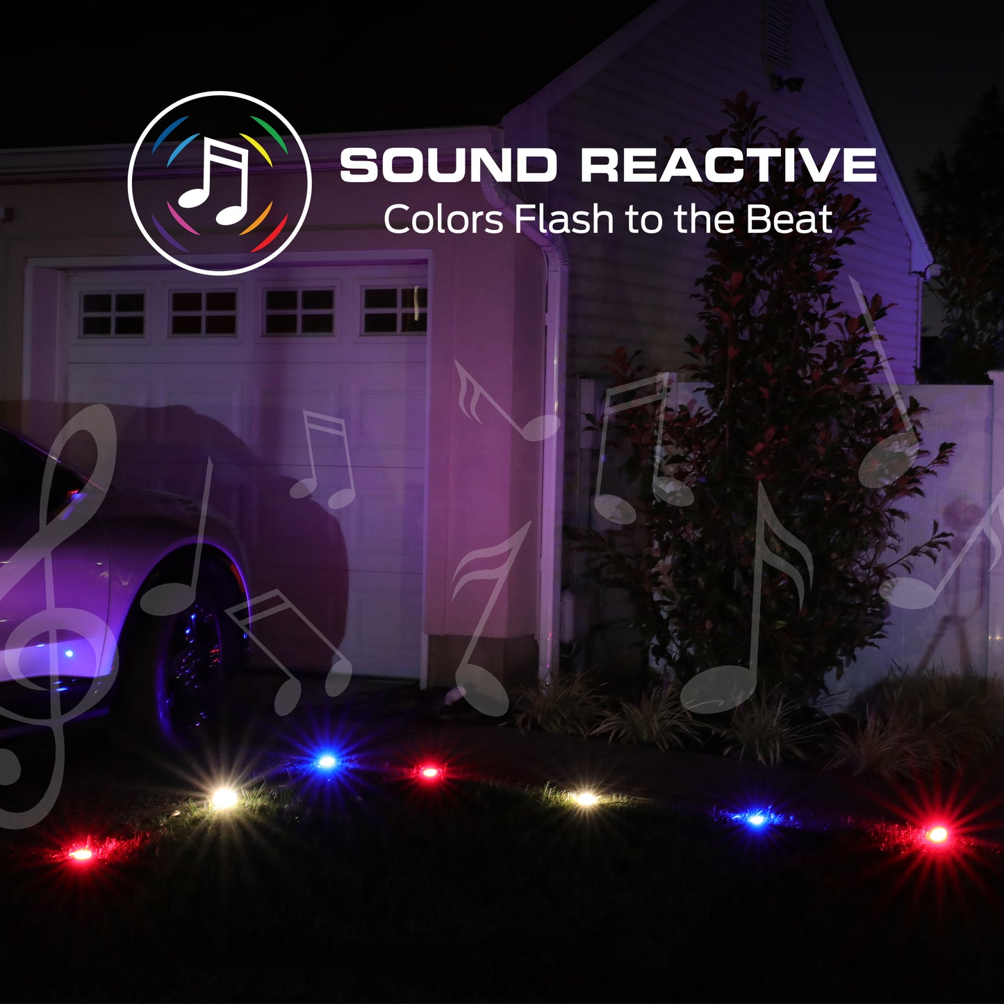Smart Outdoor 50ft Sound Reactive Ground Accent LED Lights, 15 LEDs, Ground Stakes & Wall/Ceiling Mounts, Weather & IP44 Water Resistant