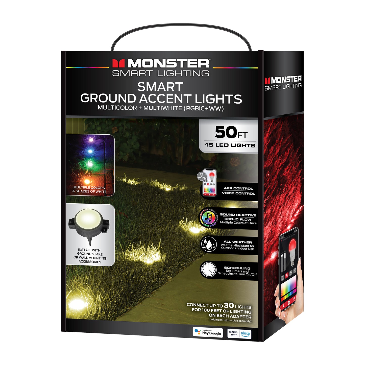 Smart Outdoor 50ft Sound Reactive Ground Accent LED Lights, 15 LEDs, Ground Stakes & Wall/Ceiling Mounts, Weather & IP44 Water Resistant