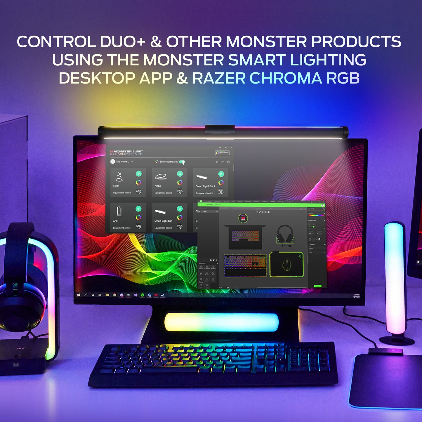 LED Duo Monitor Light Bars: Smart Color, Razer Chroma, App Control