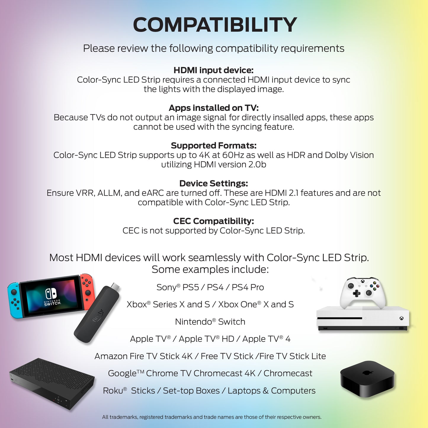 Smart Lighting HDMI Color Sync LED Strip for TVs Up to 85”, Color Flow, Music Mode, App & Voice Control, HDMI Decoder