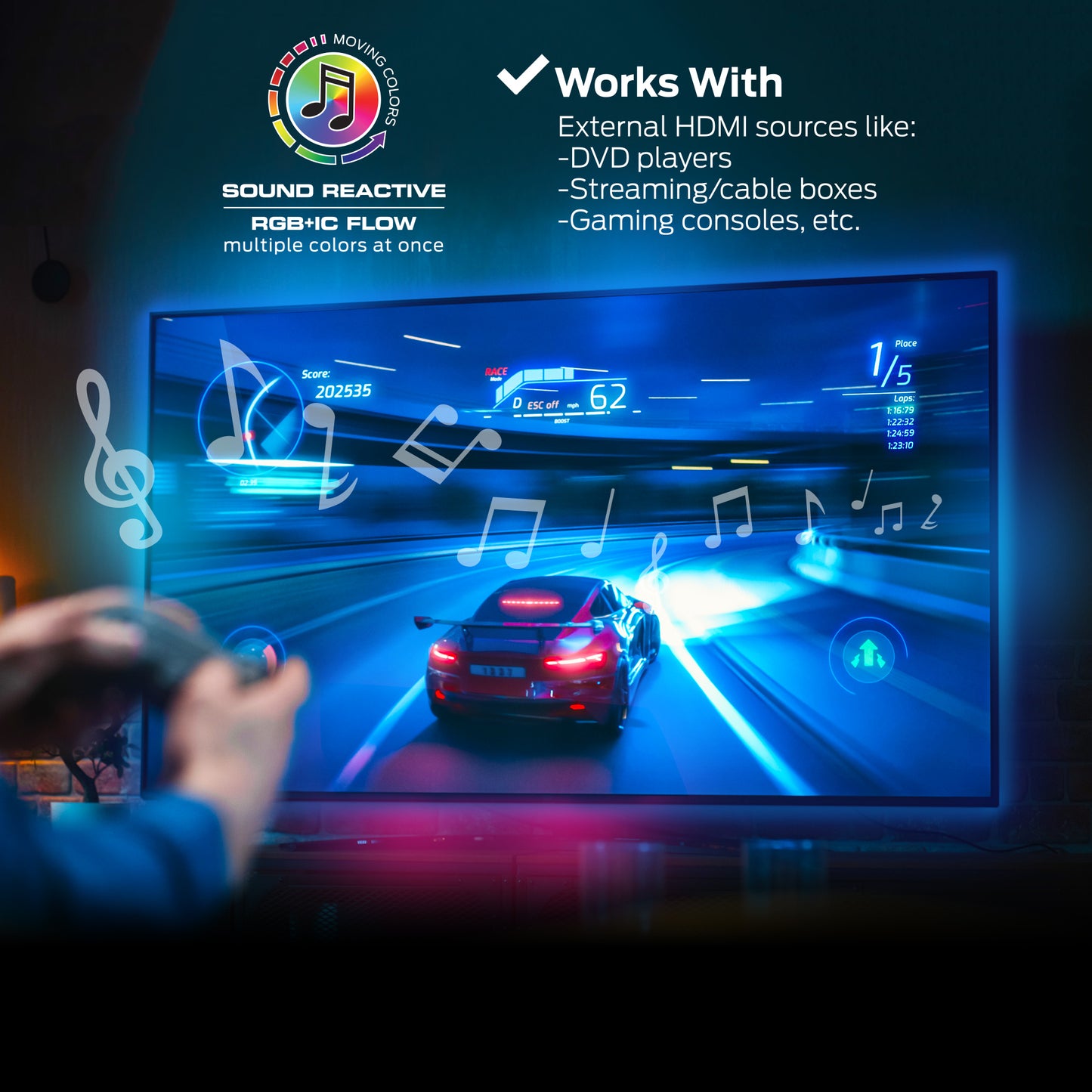 Smart Lighting HDMI Color Sync LED Strip for TVs Up to 85”, Color Flow, Music Mode, App & Voice Control, HDMI Decoder