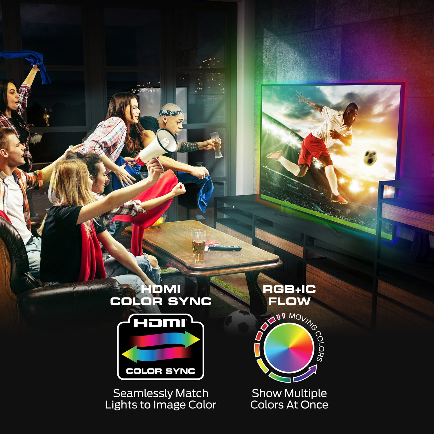Smart Lighting HDMI Color Sync LED Strip for TVs Up to 85”, Color Flow, Music Mode, App & Voice Control, HDMI Decoder