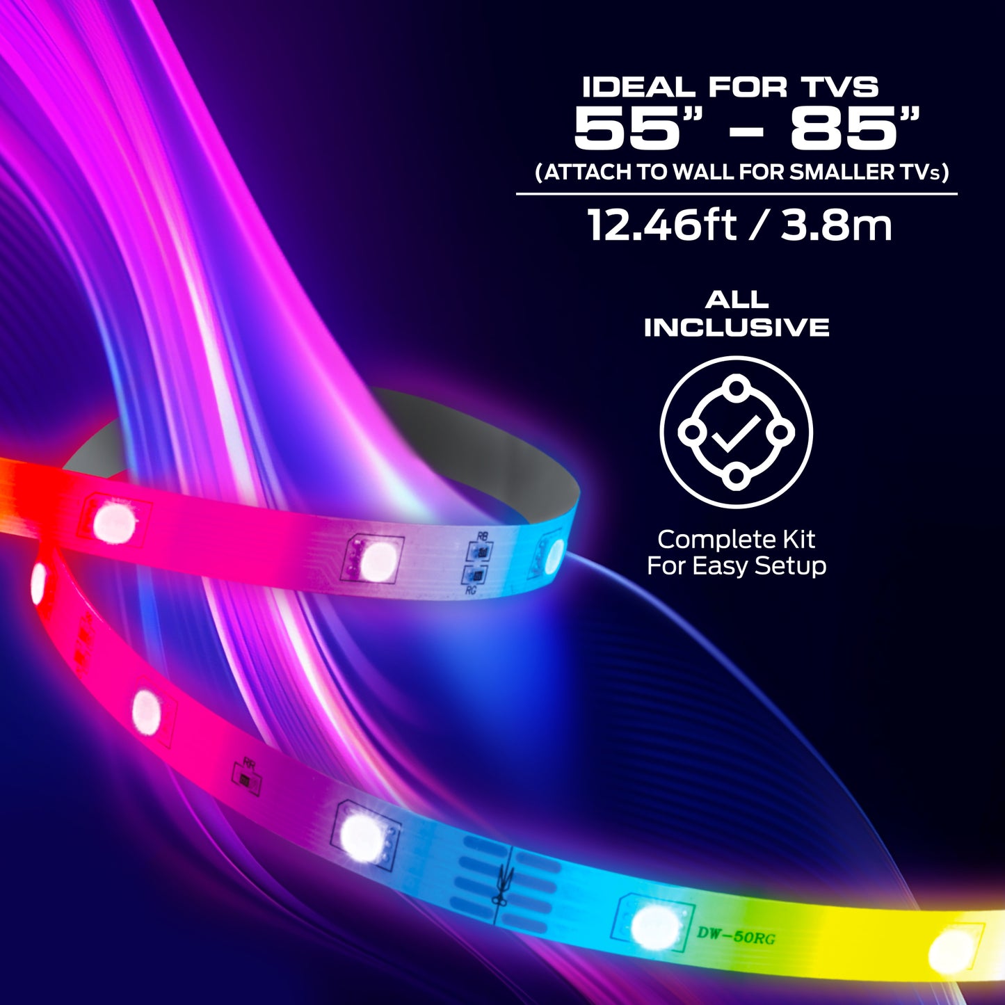 Smart Lighting HDMI Color Sync LED Strip for TVs Up to 85”, Color Flow, Music Mode, App & Voice Control, HDMI Decoder