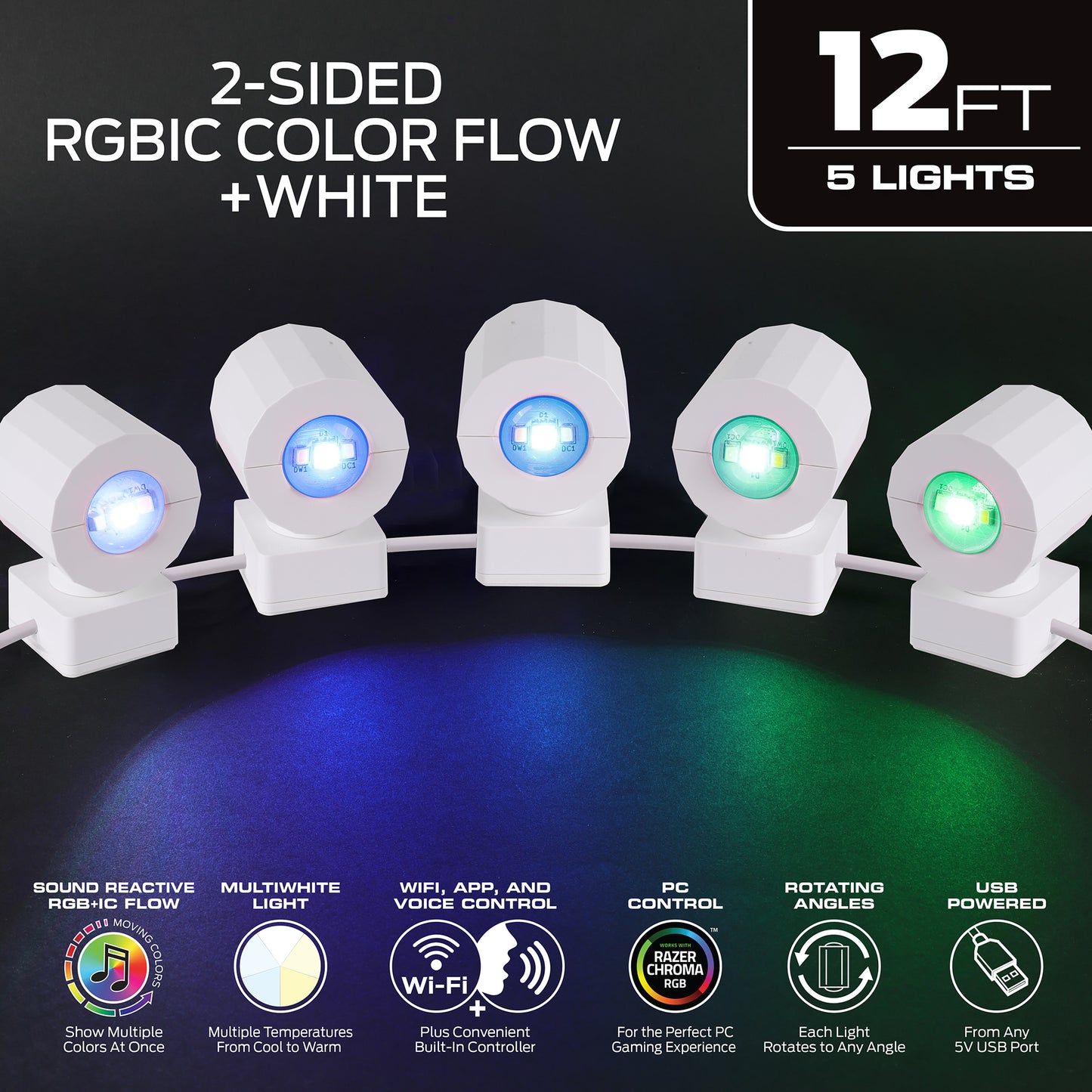 Multi-Position Indoor 12ft 2-Sided Sconce Lights, Wi-Fi & Voice Controlled, Razer Chroma