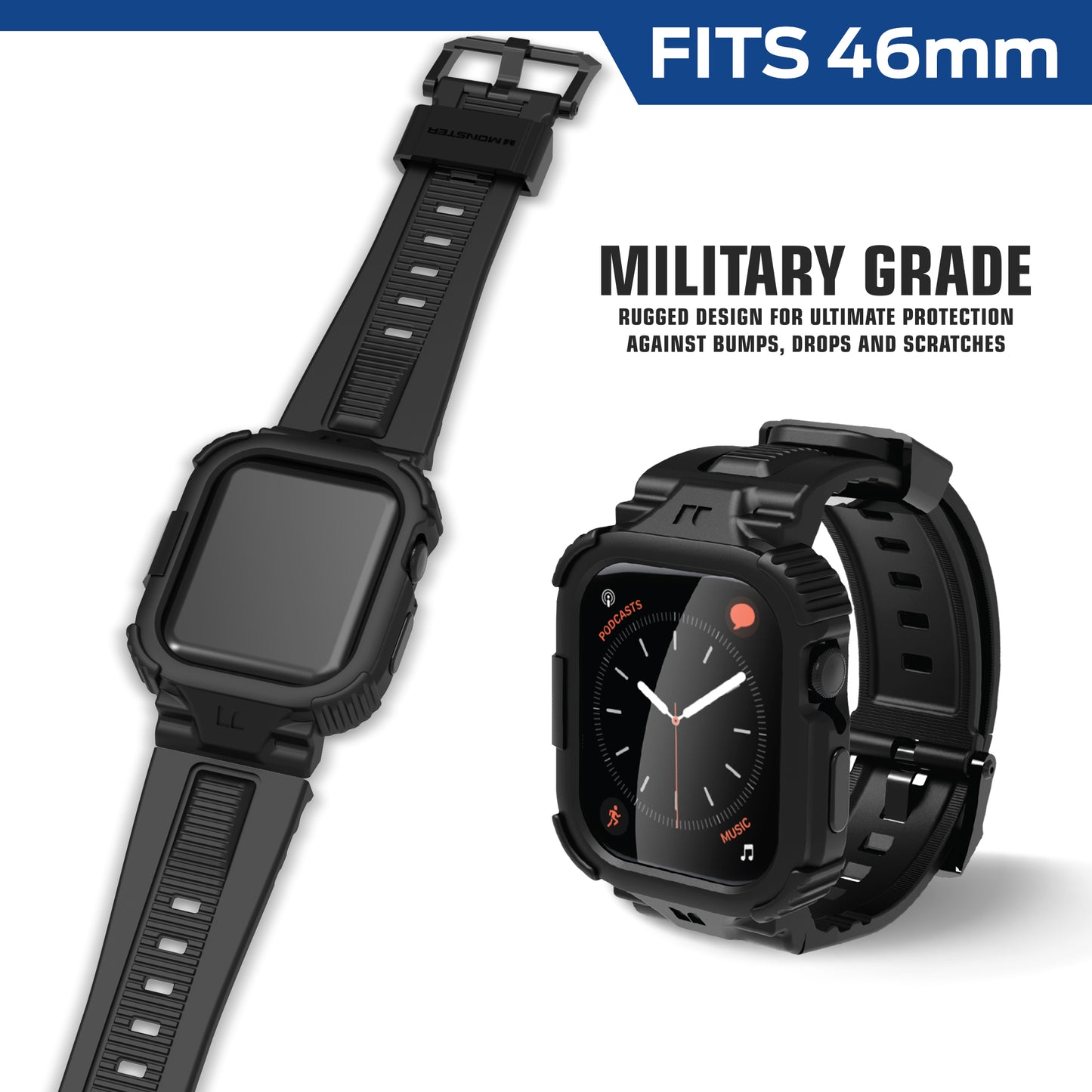 Rugged 46mm Watch Band with Screen Protector and Raised Bezel for Drop Protection - Military Grade Case