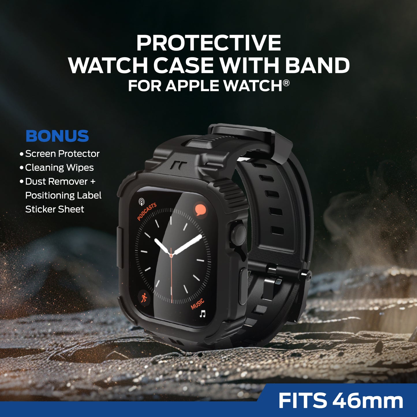 Rugged 46mm Watch Band with Screen Protector and Raised Bezel for Drop Protection - Military Grade Case