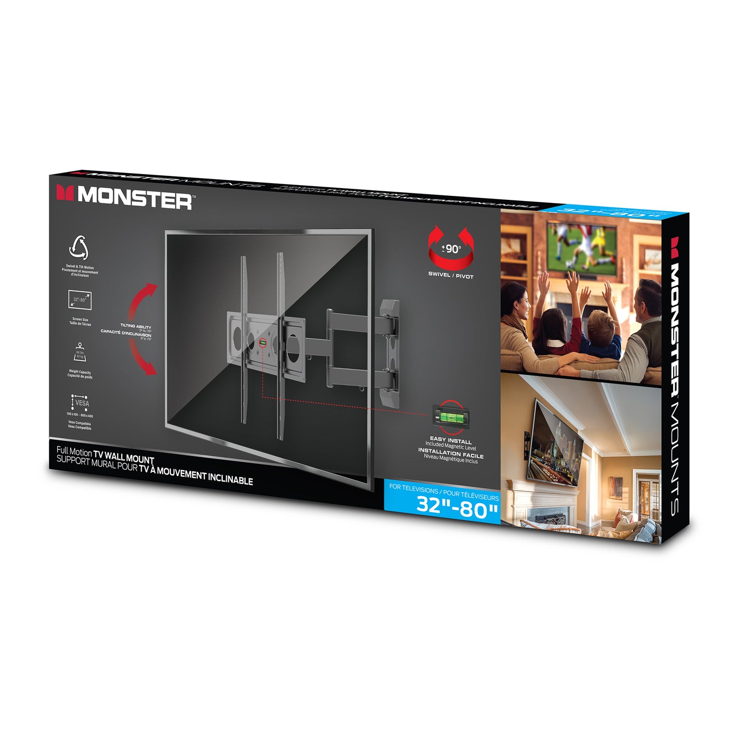 Monster Full Motion TV Mount for 32”-80” TVs up to 88 Lbs., Flat Panel Swivel & Tilt Television Mount