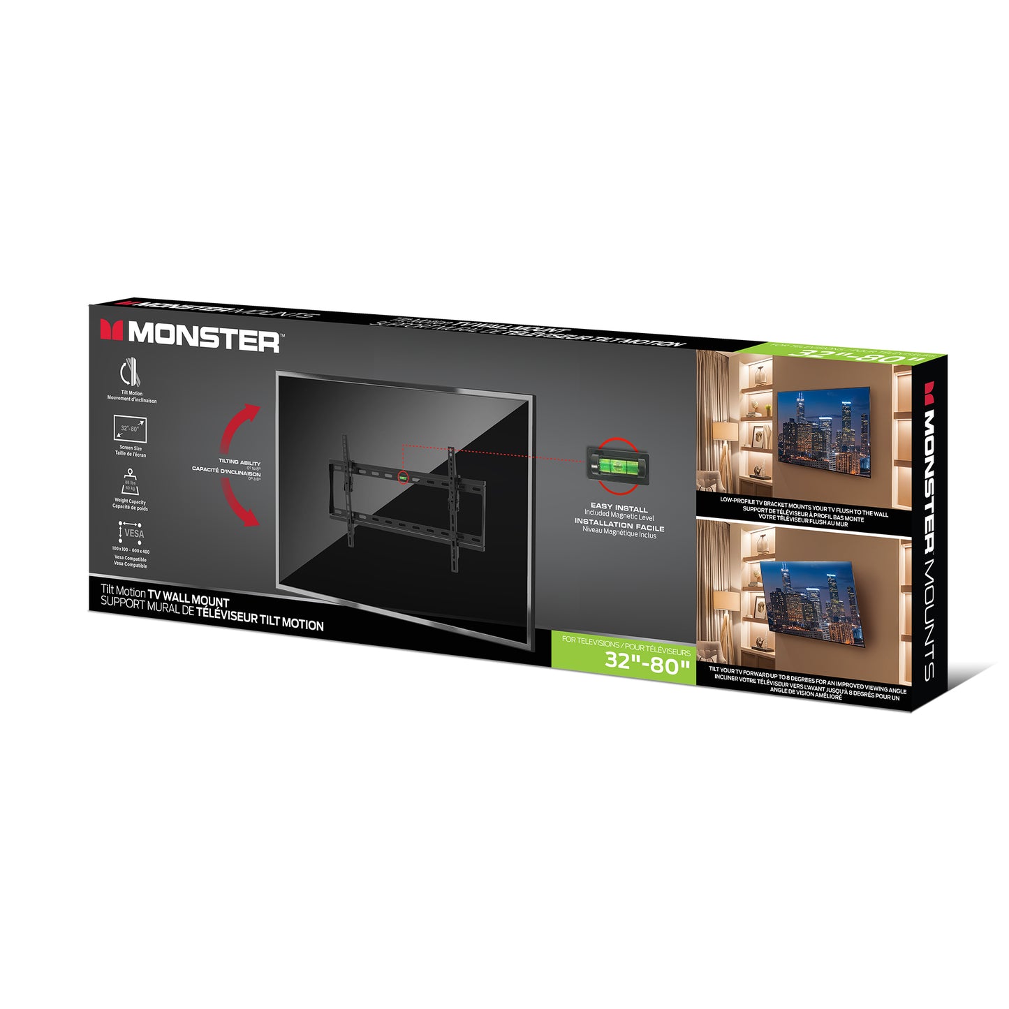 Monster Black Standard Tilt TV Wall Mount for 32" to 80" TVs - 88lb Capacity - Low-Profile 0° to 8° Tilt Adjustment - Includes Magnetic Level - Universal VESA 600x400 Compatible