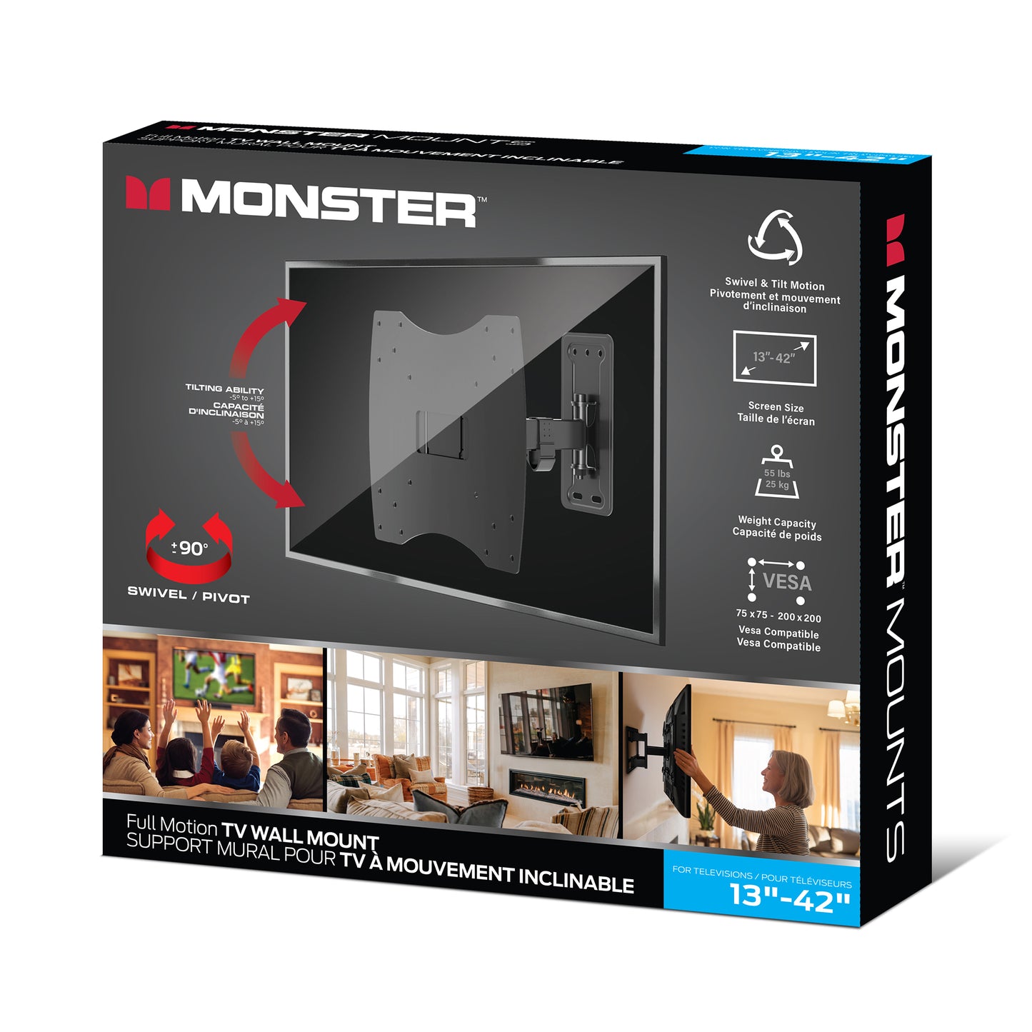 Monster Black Full Motion TV Wall Mount for 13"-42" Flat Screens | Swivel, Tilt, Articulating | Max 55 lbs | VESA 200x200