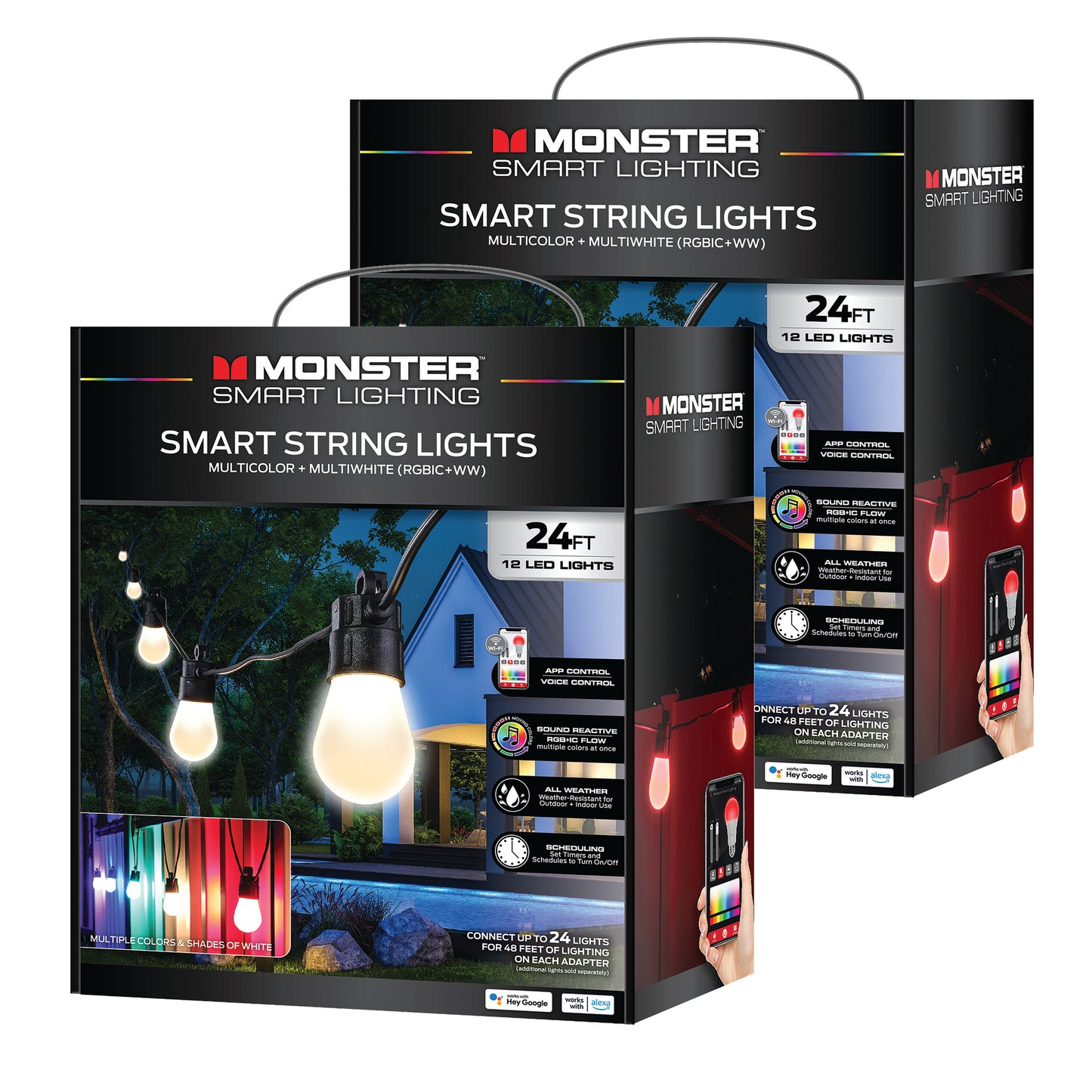 24ft Smart Sound Reactive Outdoor Dimmable LED String Lights, 12 Bulb