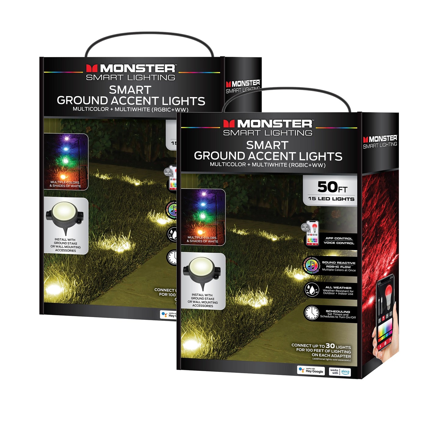 Smart Outdoor 50ft Sound Reactive Ground Accent LED Lights, 15 LEDs, Ground Stakes & Wall/Ceiling Mounts, Weather & IP66 Water Resistant