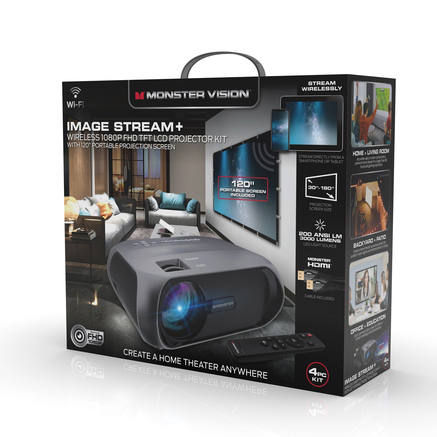 Wireless 1080P FHD TFT LCD Image Stream Projector with 120 Inch Portable Screen