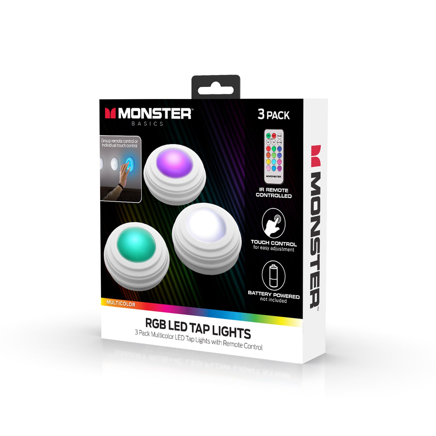 3 Pack Multicolor LED Touch Control Tap Lights with Remote Control