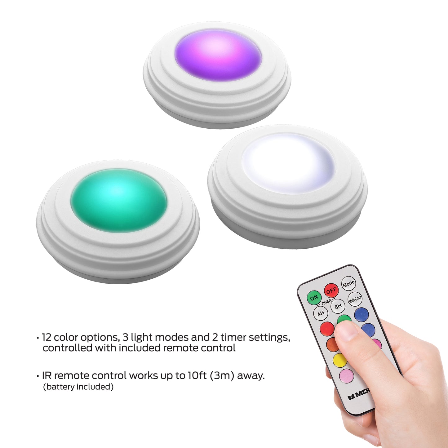 3 Pack Multicolor LED Touch Control Tap Lights with Remote Control