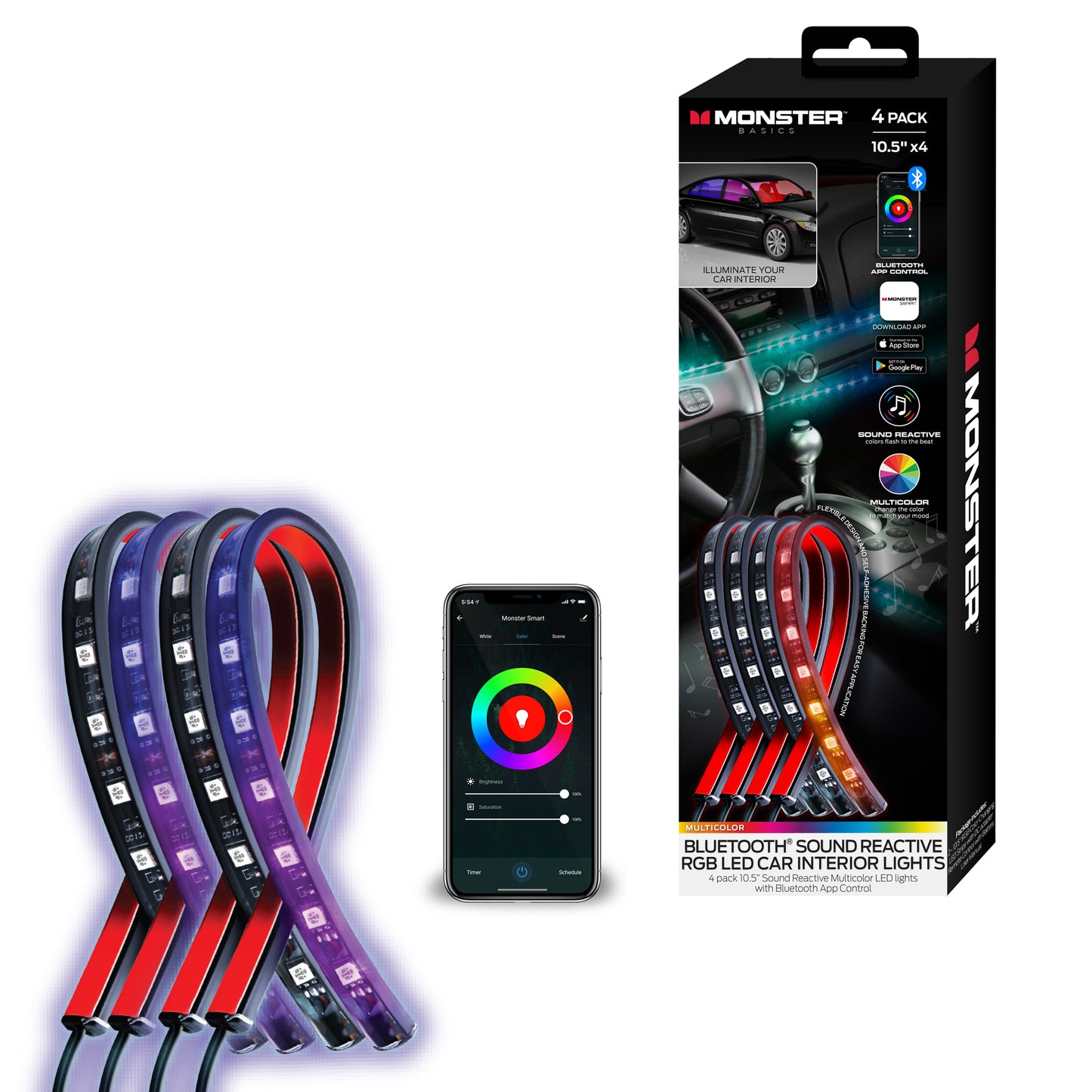 4-Pack Smart App Sound-Reactive Multi-Color LED Car Interior Lights, Bluetooth