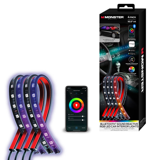 4-Pack Smart App Sound-Reactive Multi-Color LED Car Interior Lights, Bluetooth