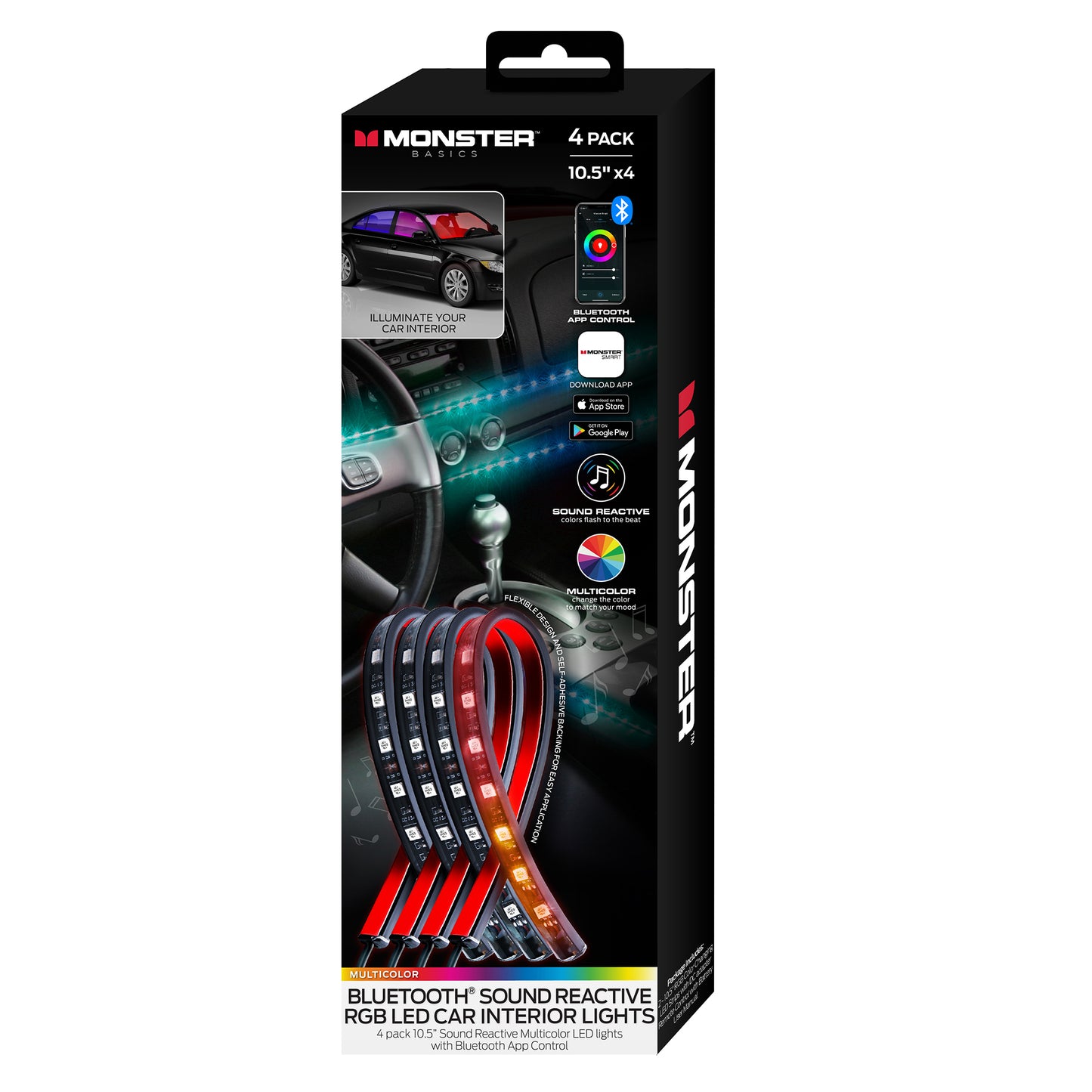 4-Pack Smart App Sound-Reactive Multi-Color LED Car Interior Lights, Bluetooth