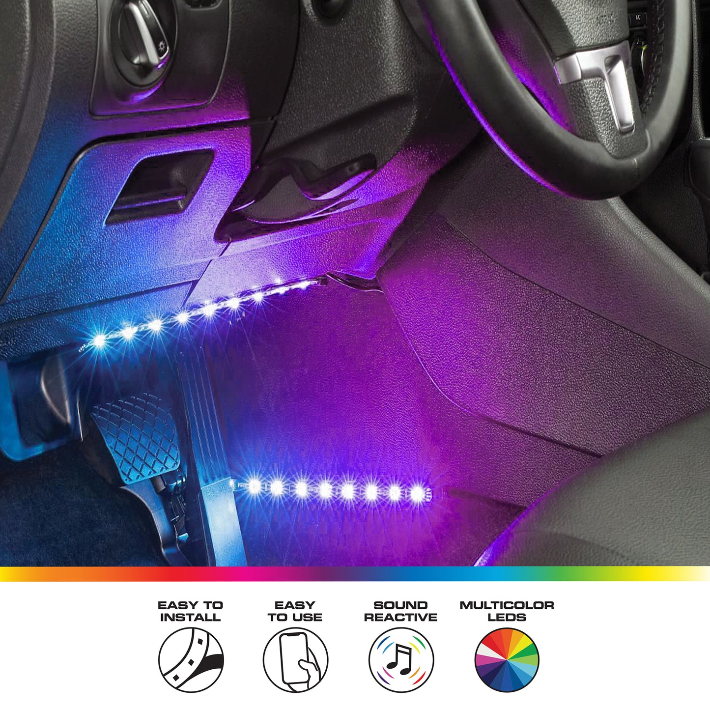 4-Pack Smart App Sound-Reactive Multi-Color LED Car Interior Lights, Bluetooth