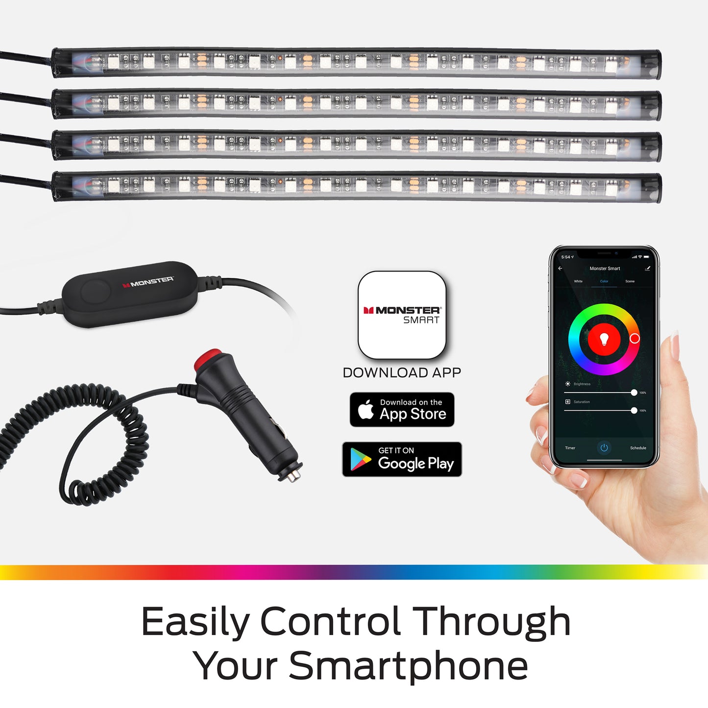 4-Pack Smart App Sound-Reactive Multi-Color LED Car Interior Lights, Bluetooth