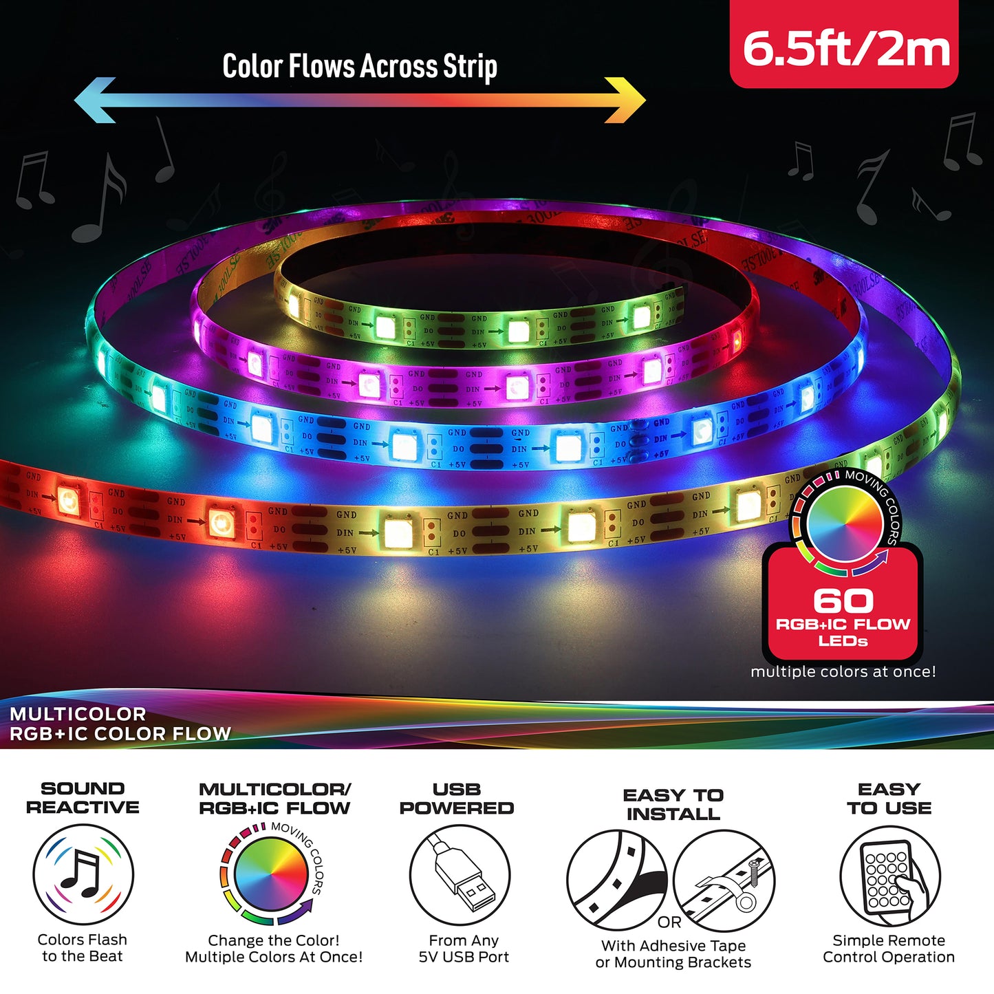 Sound Reactive Color Flow Indoor LED Light Strip, Remote Controlled