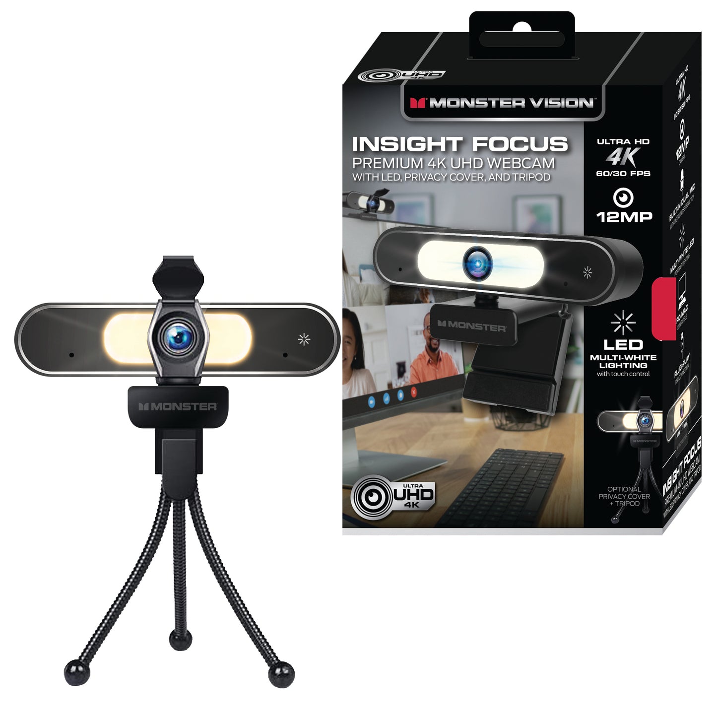Premium 4K Insight Focus UHD Webcam, Flexible Tripod Included