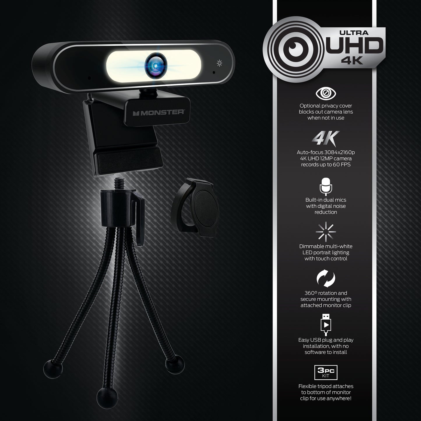 Premium 4K Insight Focus UHD Webcam, Flexible Tripod Included