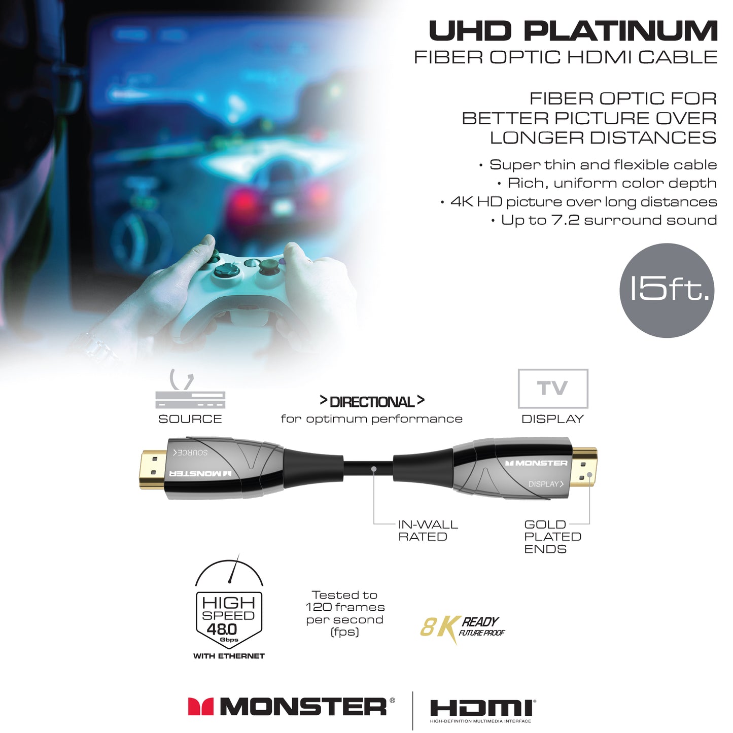 Platinum UHD Fiber Optic HDMI Cable, 4K Resolution HD Quality, 7.2 Surround Sound