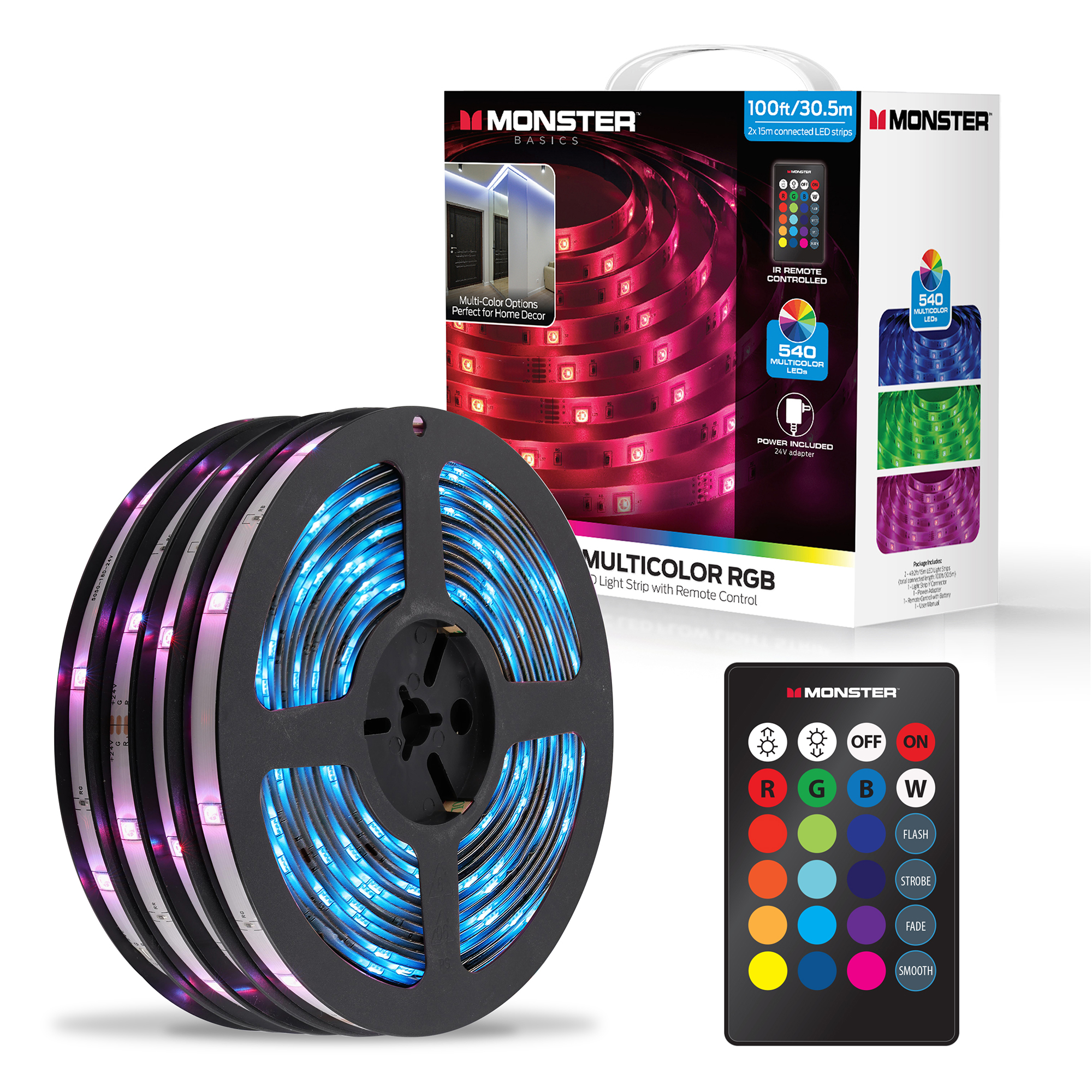 100ft Multi-Color LED Light Strip for Bedrooms, Customizable Modes, Remote  Control - Monster Illuminessence