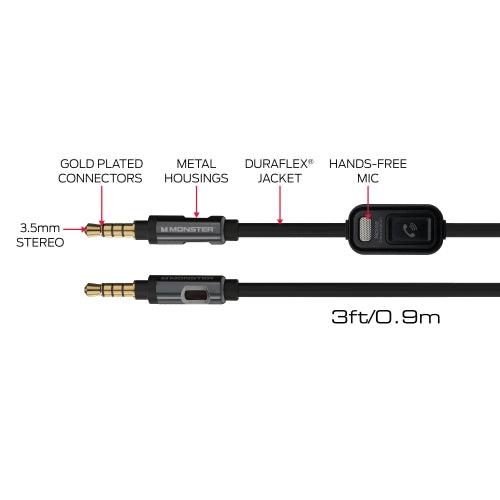 3ft Auxiliary Audio Cable with Hands-Free Mic, (Stereo), Smartphone Compatible