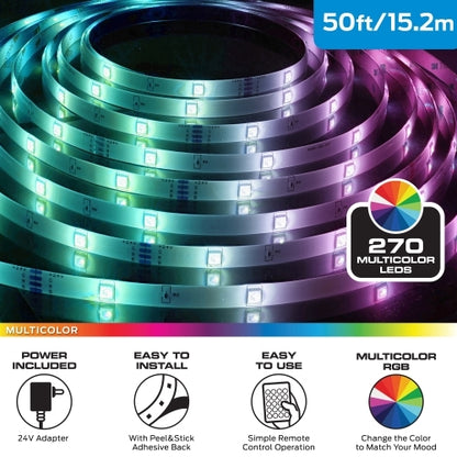 50ft RGB Remote Control Peel-and-Stick Installation LED Light Strip