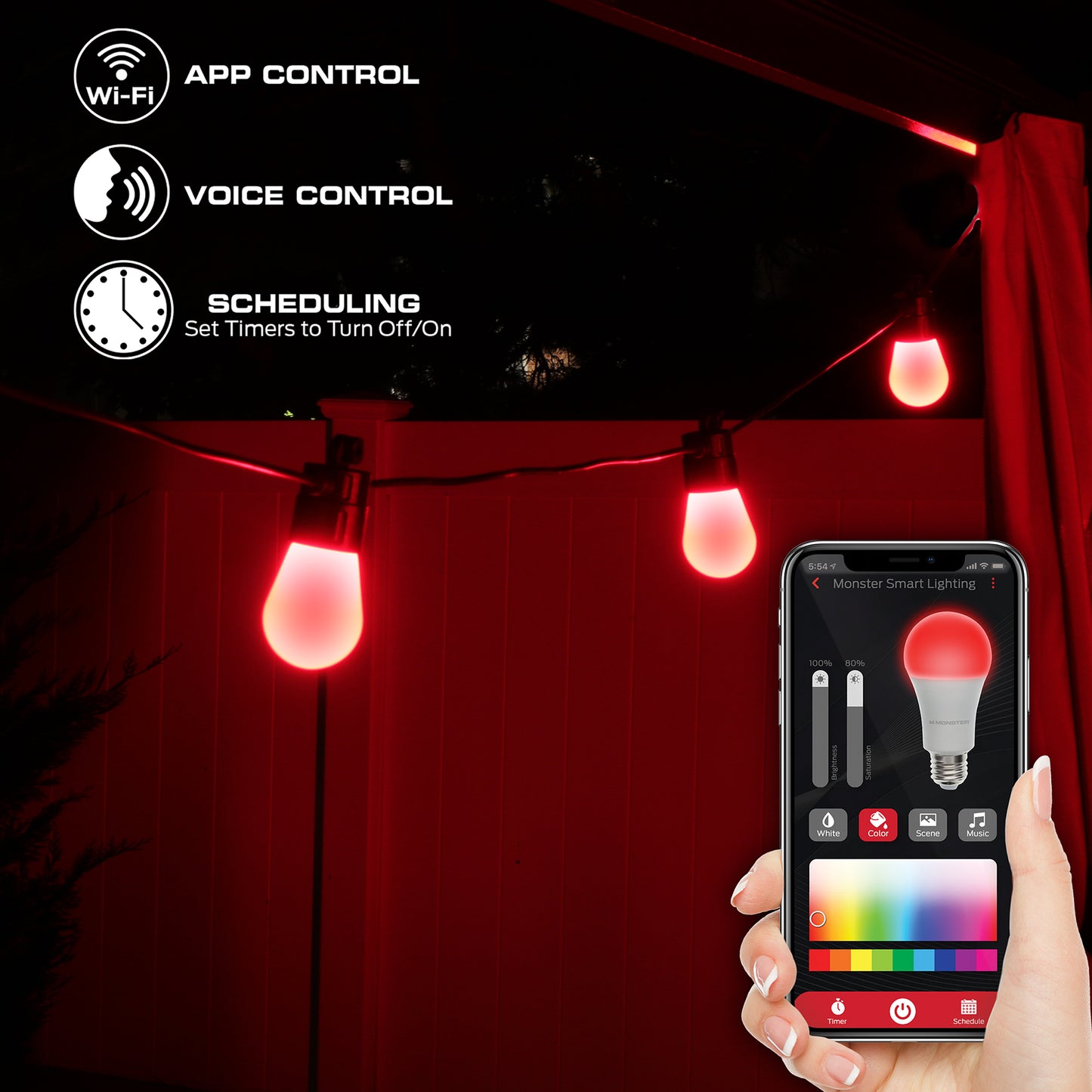 24ft Smart Sound Reactive Outdoor Dimmable LED String Lights, 12 Bulb