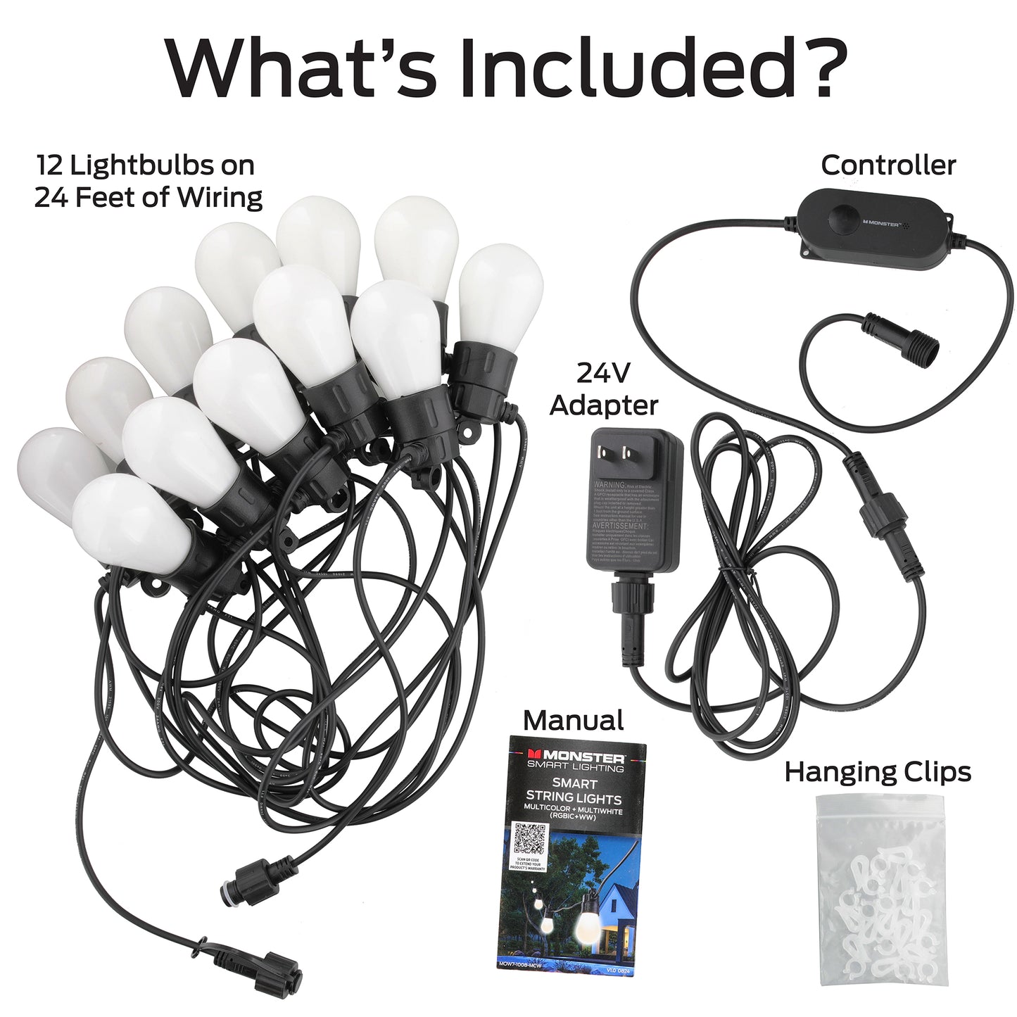 24ft Smart Sound Reactive Outdoor Dimmable LED String Lights, 12 Bulb