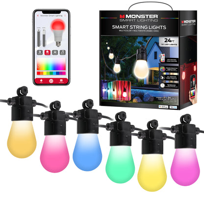 24ft Smart Sound Reactive Outdoor Dimmable LED String Lights, 12 Bulb
