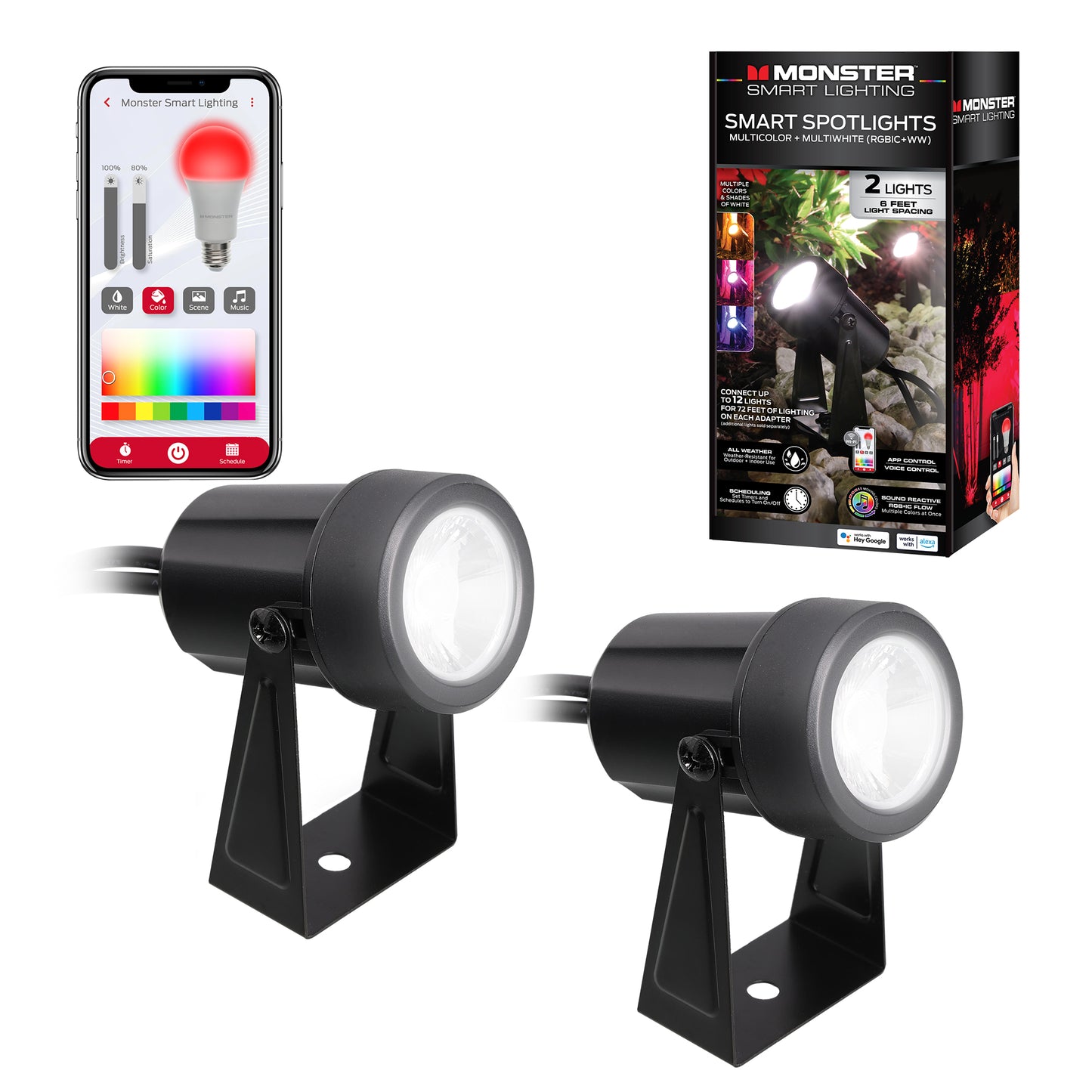 Smart Outdoor Sound Reactive Spotlights 2 Pack, Dimmable LEDs, IP44 Water & Weather Resistant