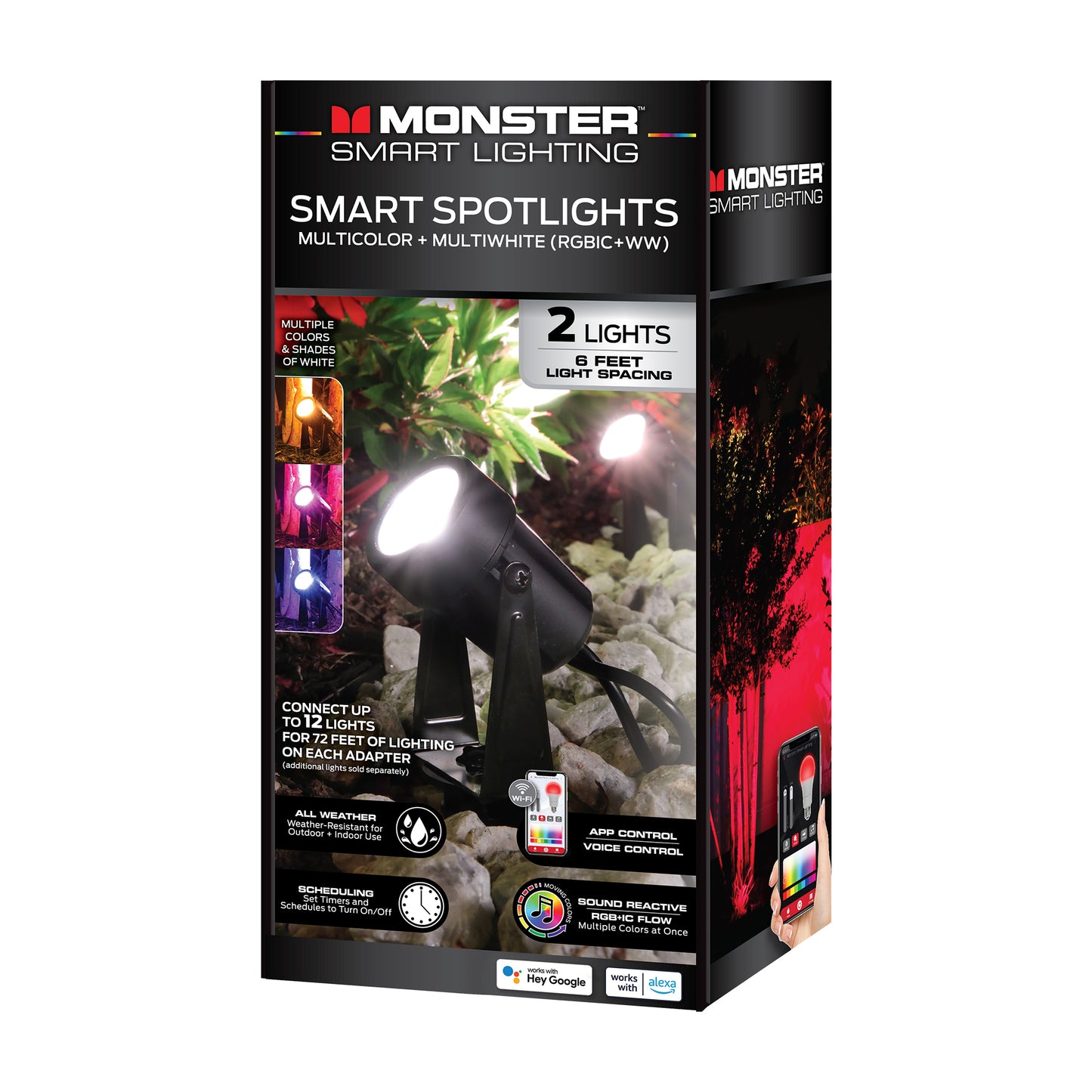 Smart Outdoor Sound Reactive Spotlights 2 Pack, Dimmable LEDs, IP44 Water & Weather Resistant