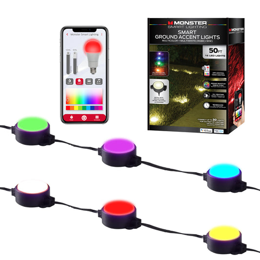 Smart Outdoor 50ft Sound Reactive Ground Accent LED Lights, 15 LEDs, Ground Stakes & Wall/Ceiling Mounts, Weather & IP44 Water Resistant