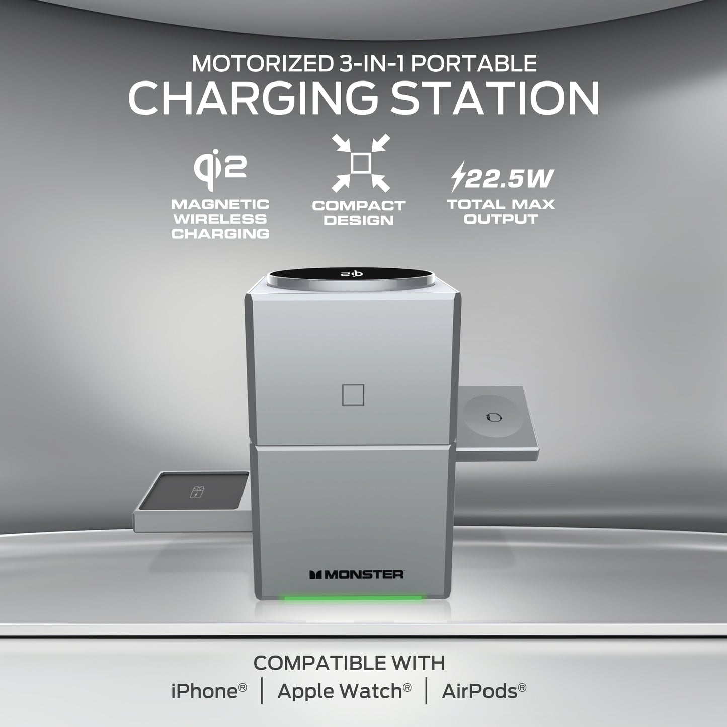 Monster 3-in-1 Motorized Wireless Charger for iPhone, Apple Watch & AirPods - Magnetic, Rotating, Fast Charging Station