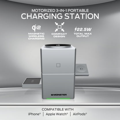 Monster 3-in-1 Motorized Wireless Charger for iPhone, Apple Watch & AirPods - Magnetic, Rotating, Fast Charging Station