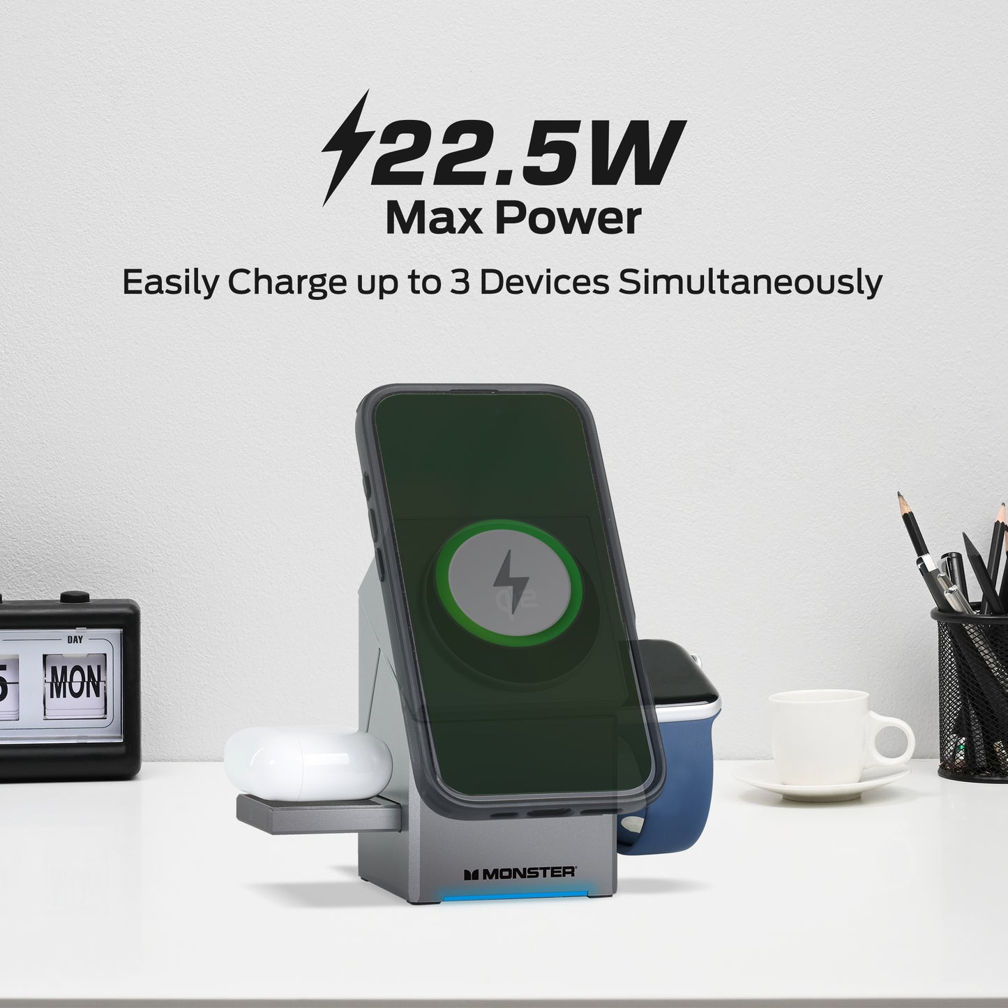 Monster 3-in-1 Motorized Wireless Charger for iPhone, Apple Watch & AirPods - Magnetic, Rotating, Fast Charging Station