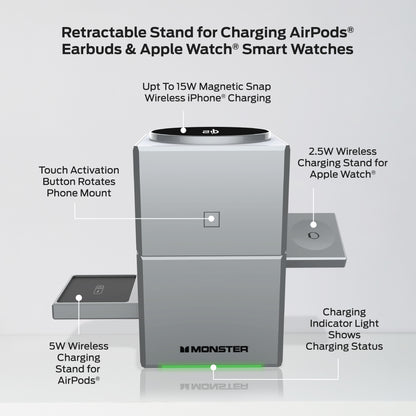 Monster 3-in-1 Motorized Wireless Charger for iPhone, Apple Watch & AirPods - Magnetic, Rotating, Fast Charging Station