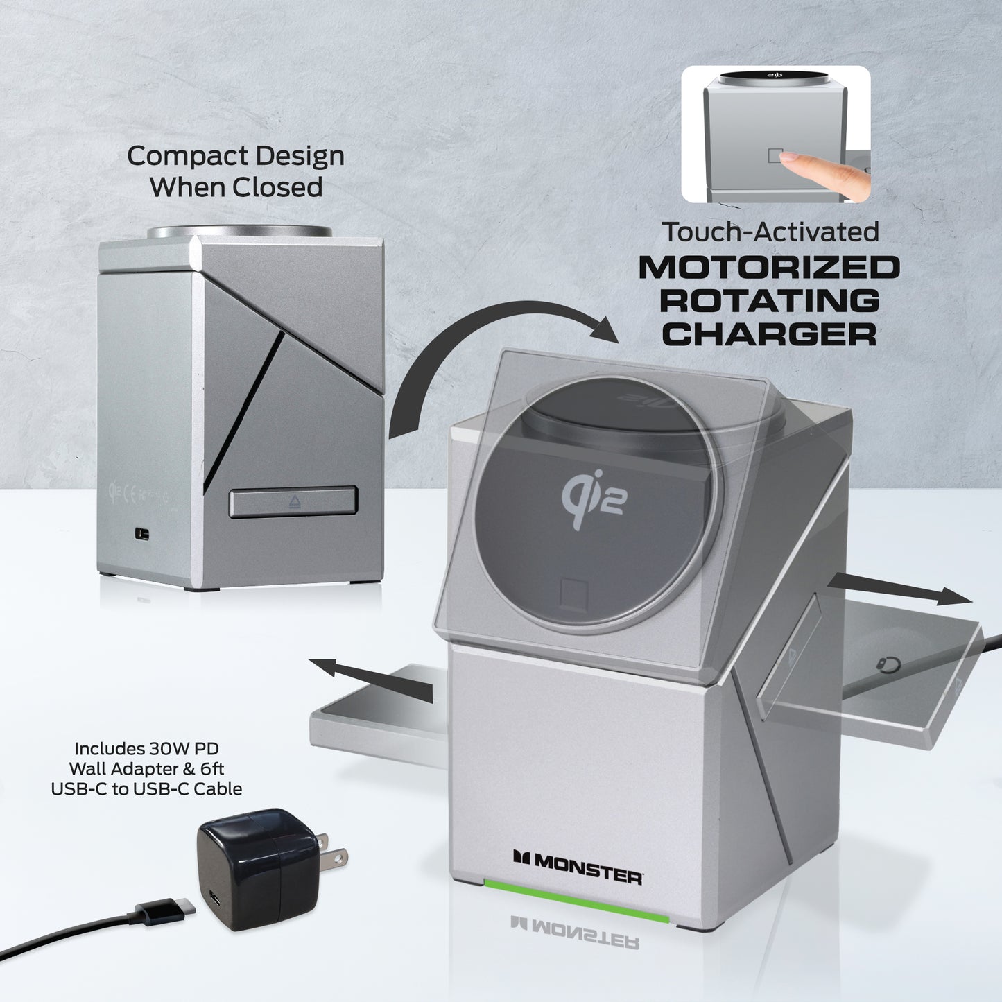 Monster 3-in-1 Motorized Wireless Charger for iPhone, Apple Watch & AirPods - Magnetic, Rotating, Fast Charging Station