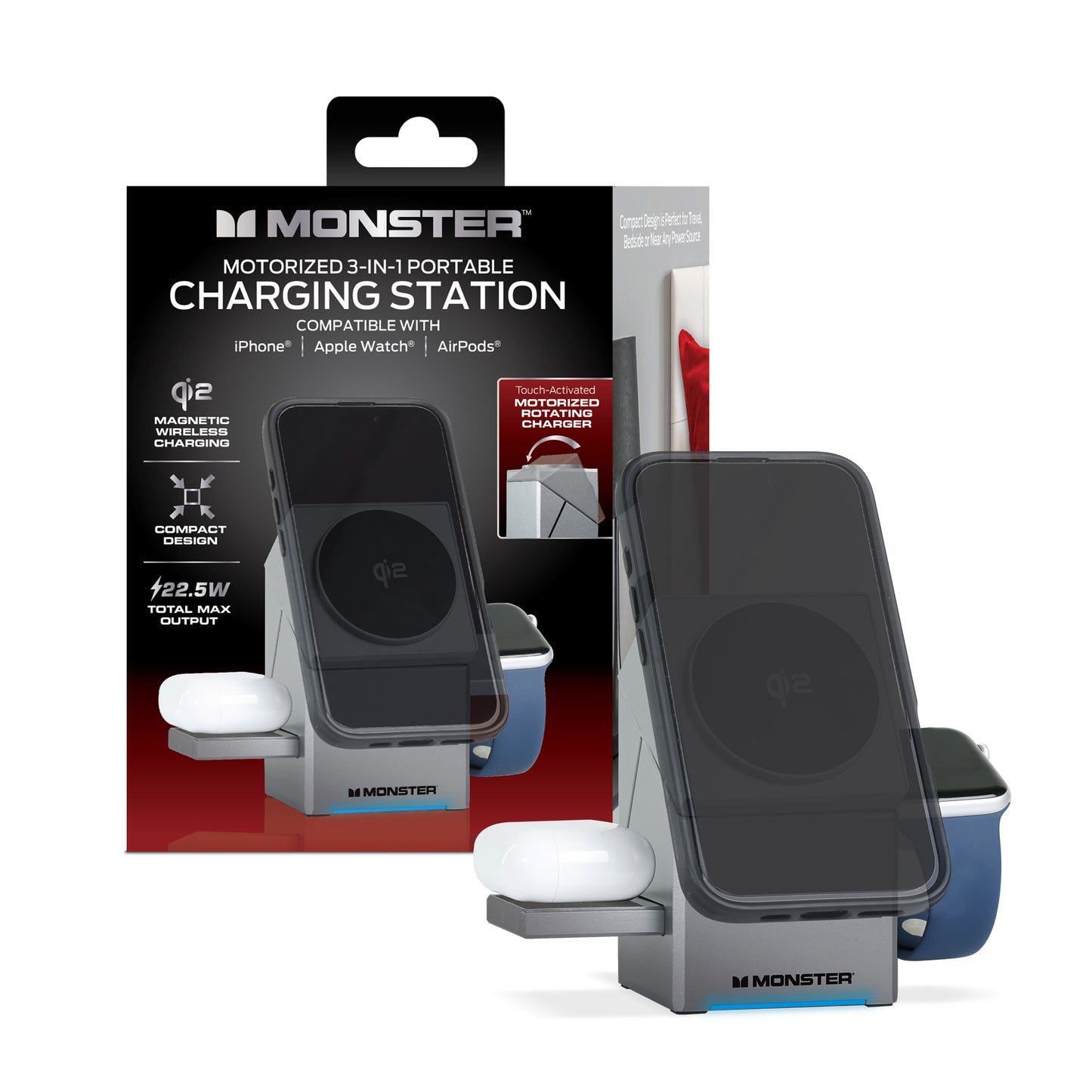 Monster 3-in-1 Motorized Wireless Charger for iPhone, Apple Watch & AirPods - Magnetic, Rotating, Fast Charging Station