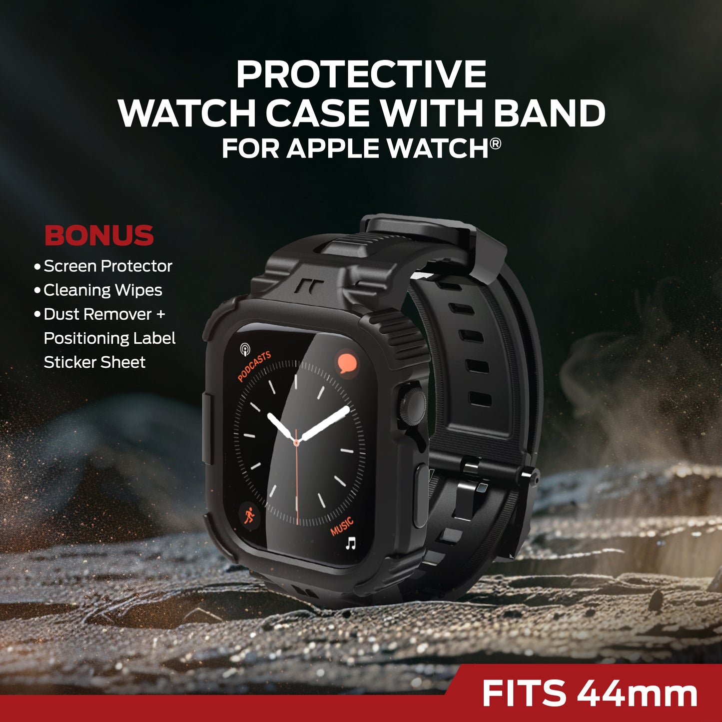 Rugged 44mm Watch Band with Screen Protector and Case - Military-Grade Protection