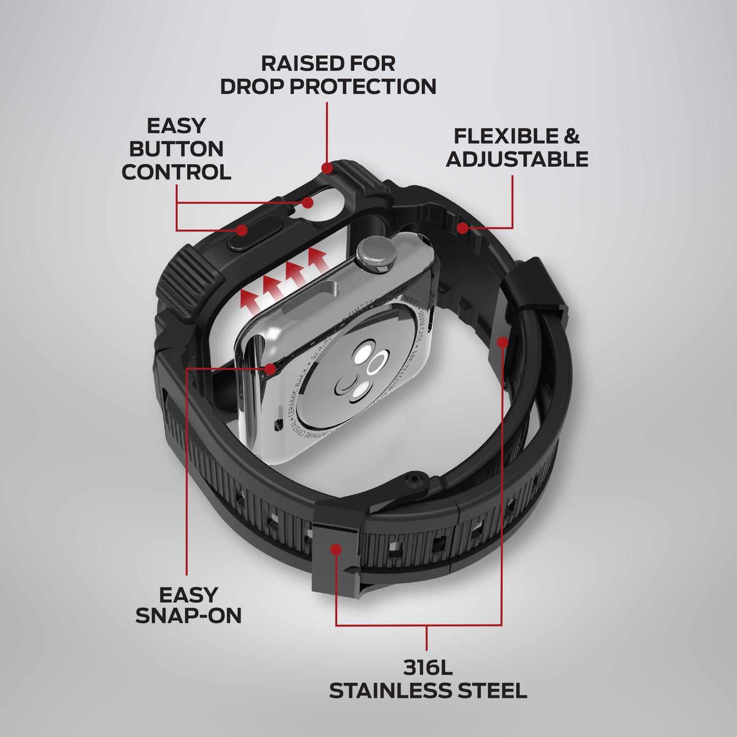 Rugged 44mm Watch Band with Screen Protector and Case - Military-Grade Protection