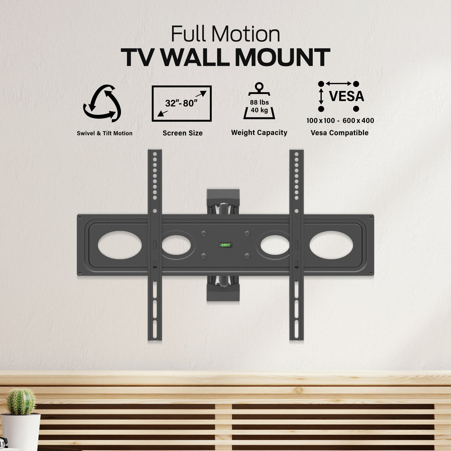 Monster Full Motion TV Mount for 32”-80” TVs up to 88 Lbs., Flat Panel Swivel & Tilt Television Mount